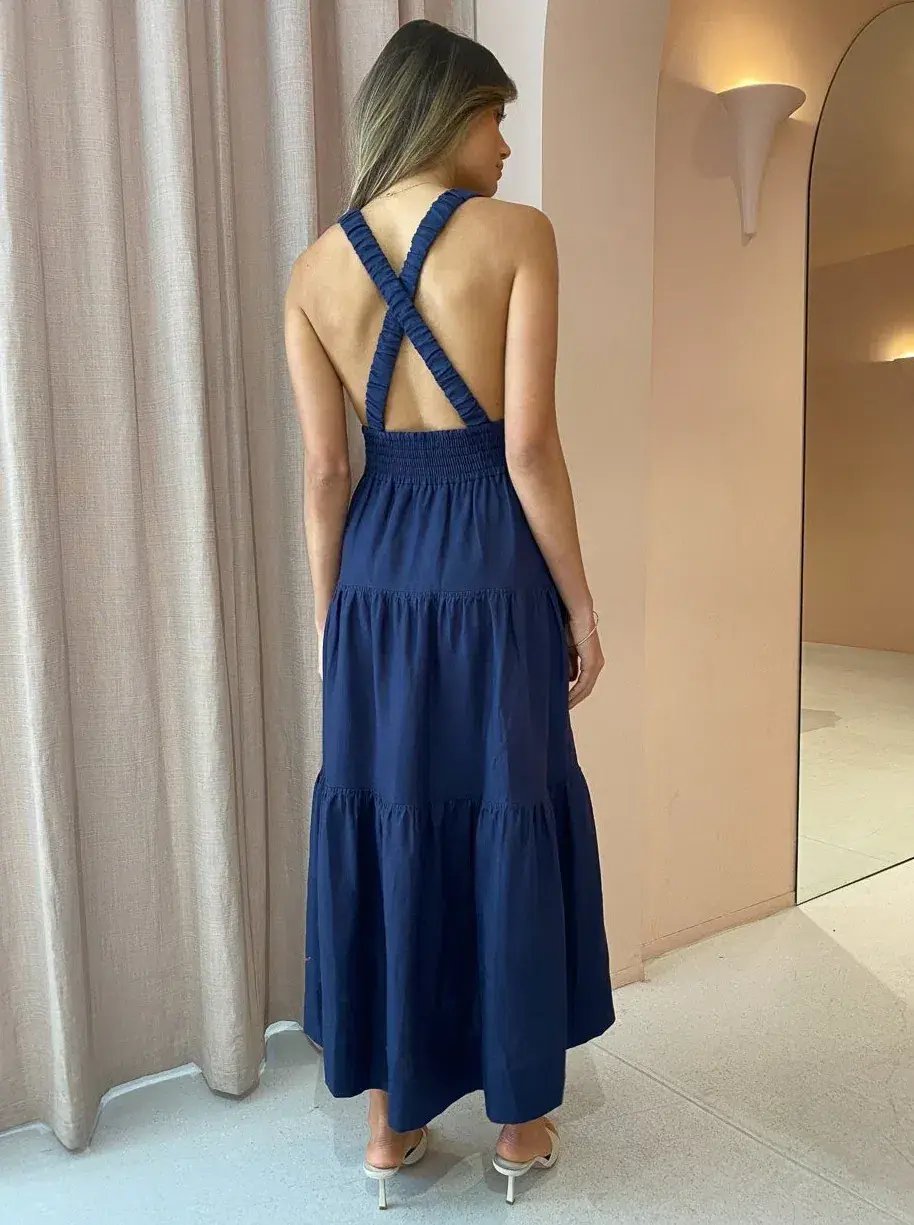 Shona Joy Ligia Linen Plunged Cross back Midi Dress Navy Size 8 photo 5