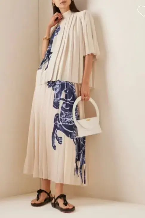 Alemais Rider  Pleated Blouse Size AU 10 and Skirt Size AU 10 Set White Blue Print photo 2