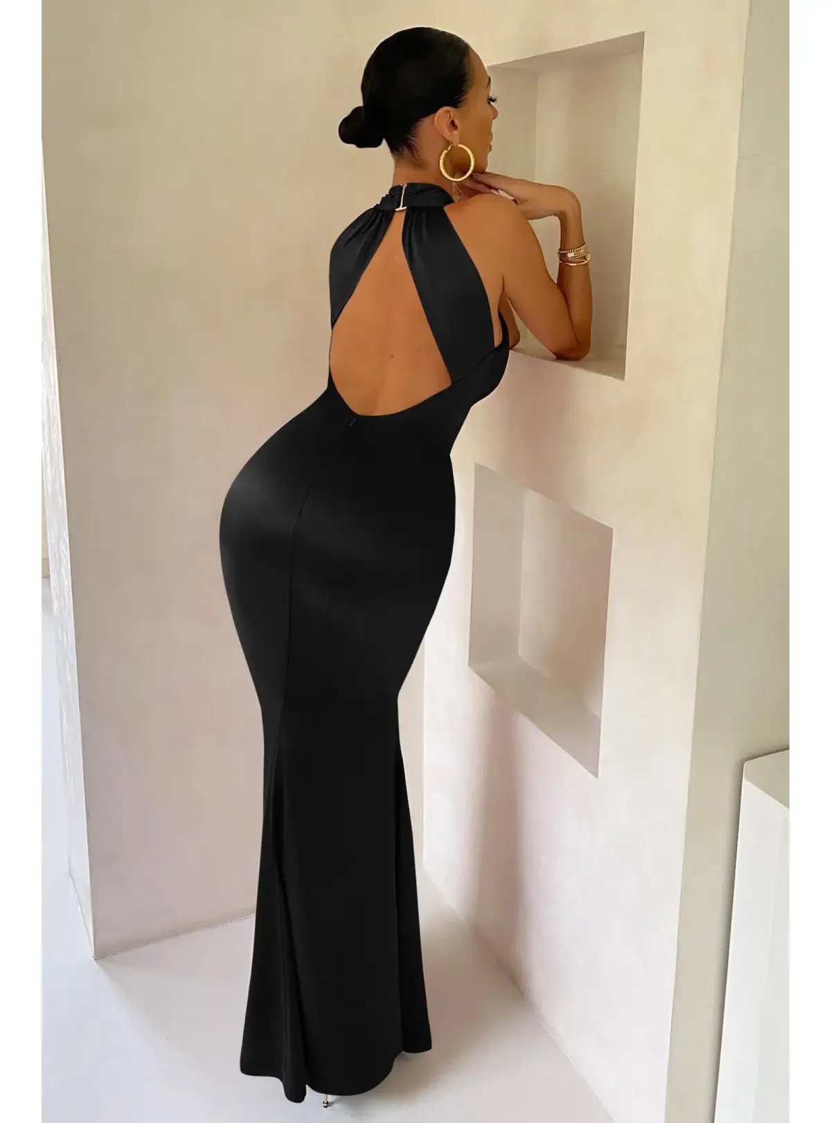 Club L London Satin Cross Over Halterneck Maxi Dress Black Size AU 10 photo 3