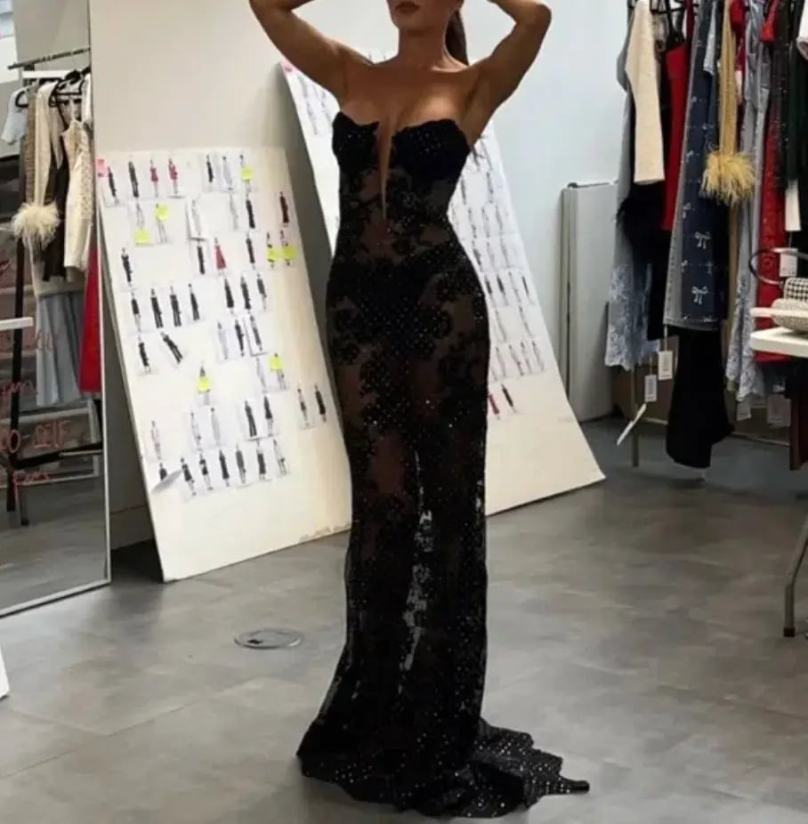 Self Portrait Rhinestone Embellished Sheer Gown Black Size AU 12 photo 3
