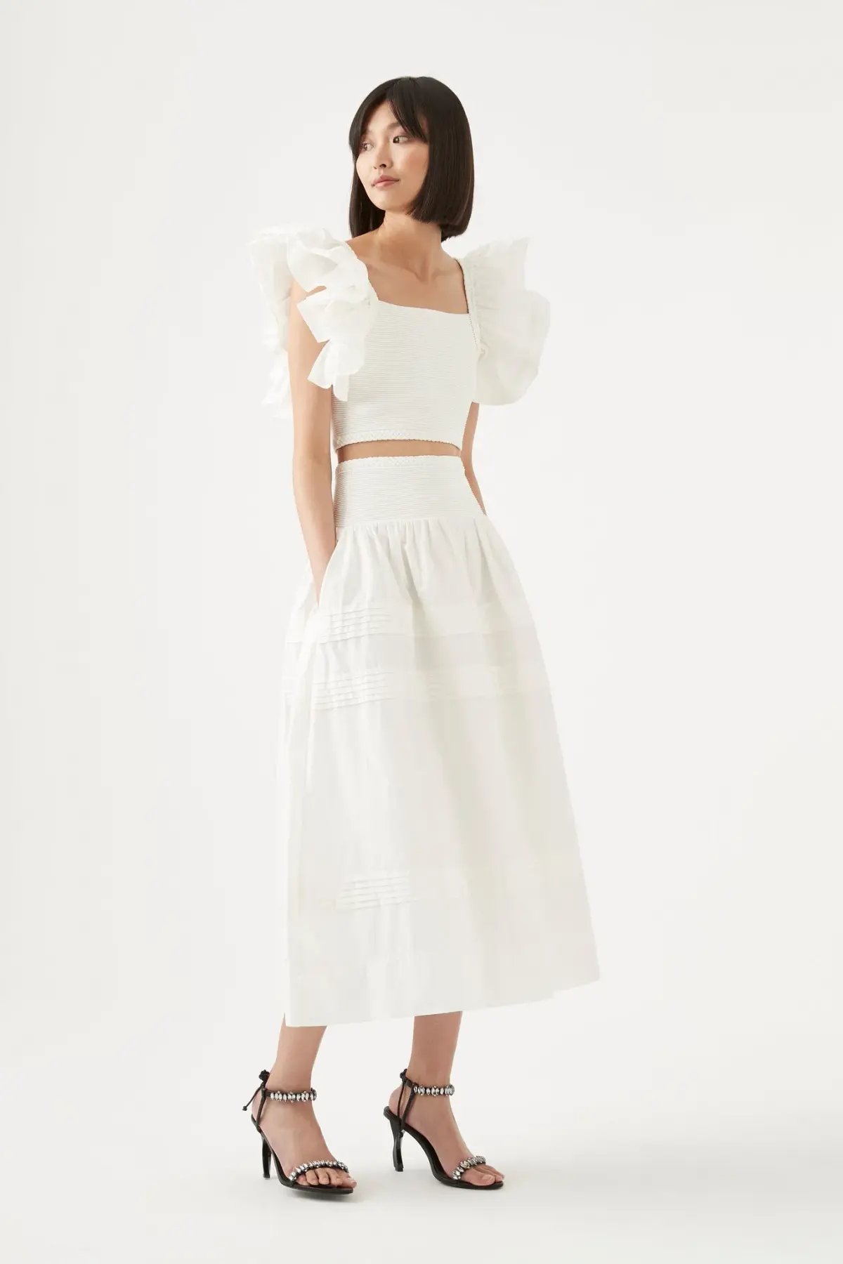 Aje Corinne Knit Bodice Crop Top and Rosalie Knit Waist Midi Skirt Set White Size 16 / 2XL photo 2