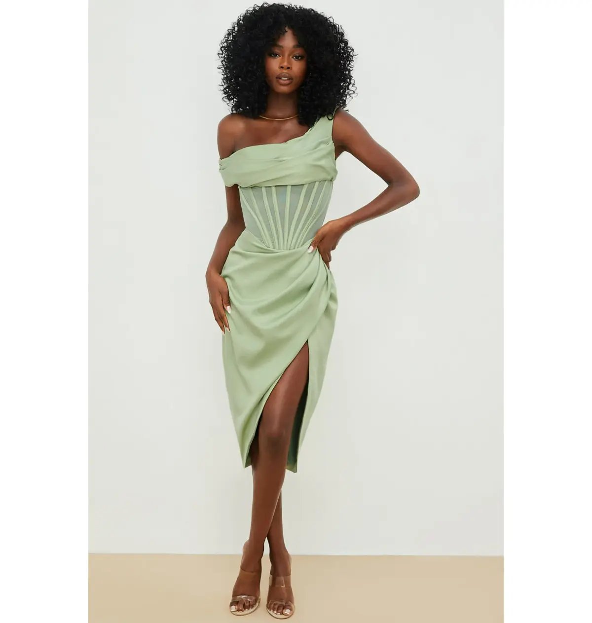 House of CB Lulu Asymmetric Drape Midi Corset Dress in Pistachio Size XS / AU 6 photo 2
