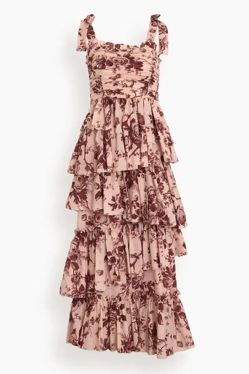Alemais Heather Tiered Midi Dress in Burgundy Print Size 12 photo 3