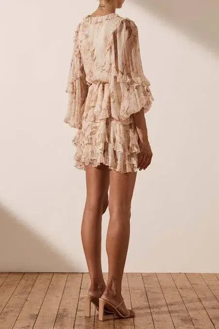 Shona Joy Nina Balloon Sleeve Frill Mini Dress Print Size 10 photo 2