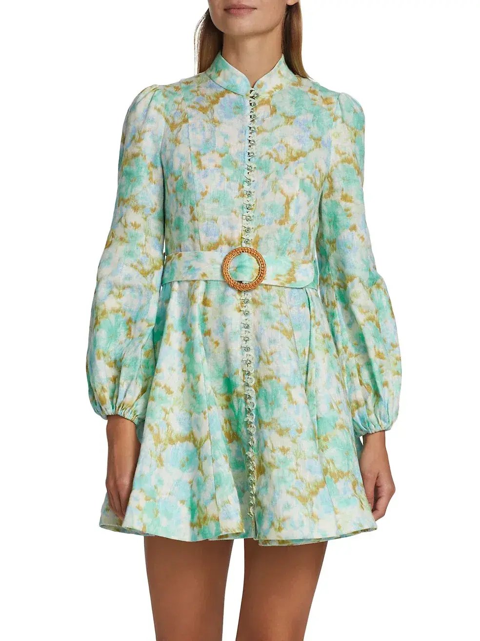 Zimmermann High Tide Buttoned Mini Dress Aqua Ikat Floral Size 1 /Au 10 photo 2