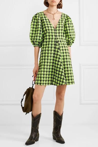 Ganni seersucker check dress green photo 2