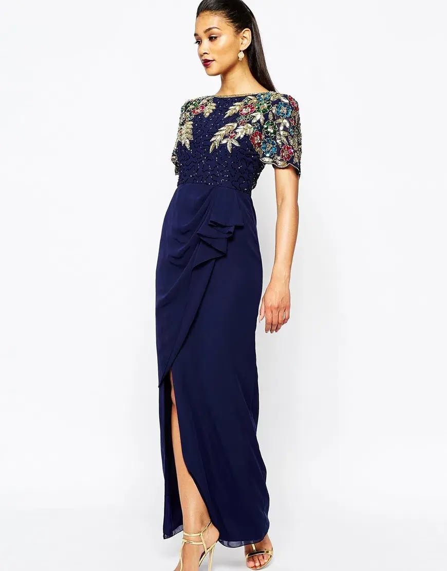 Virgos Lounge Ariann Embellished Maxi Navy Dress With Frill Wrap Skirt Navy Size AU 6 photo 2