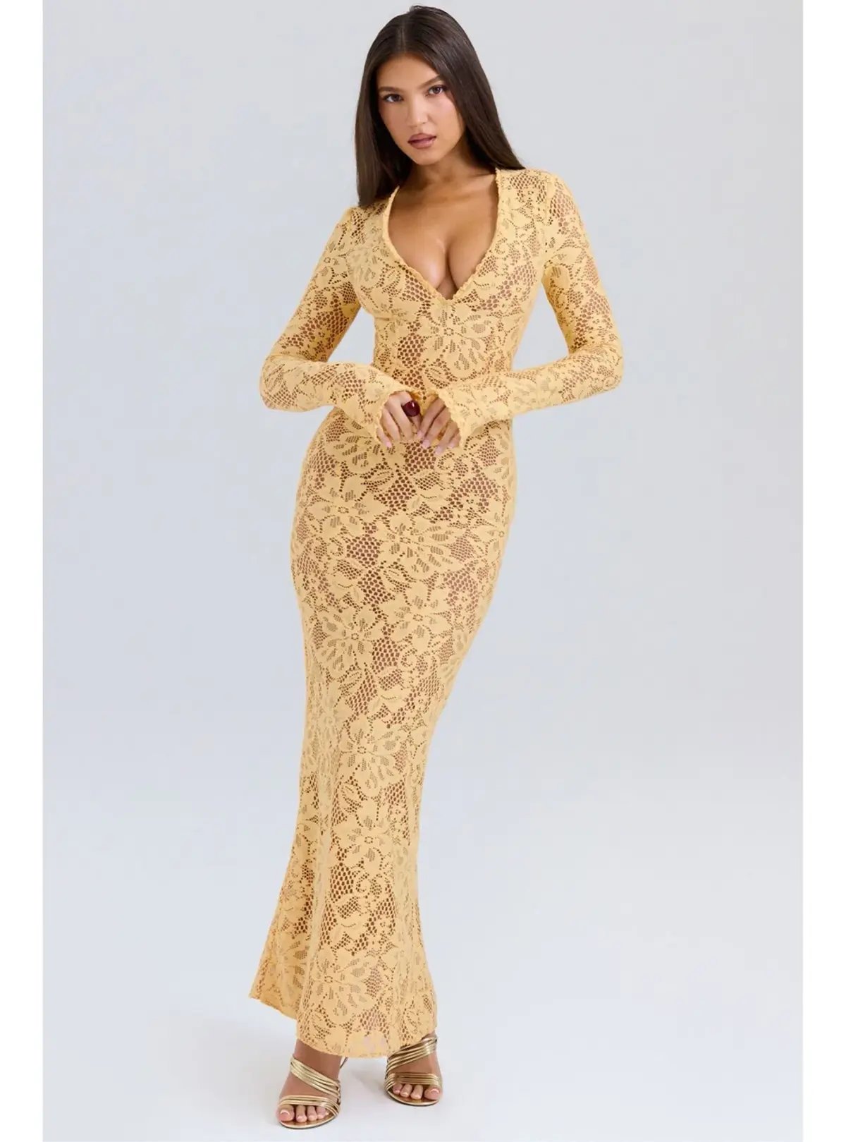 House of CB Indiana Plunge Lace Maxi Dress Apricot Size M / AU 10 photo 2