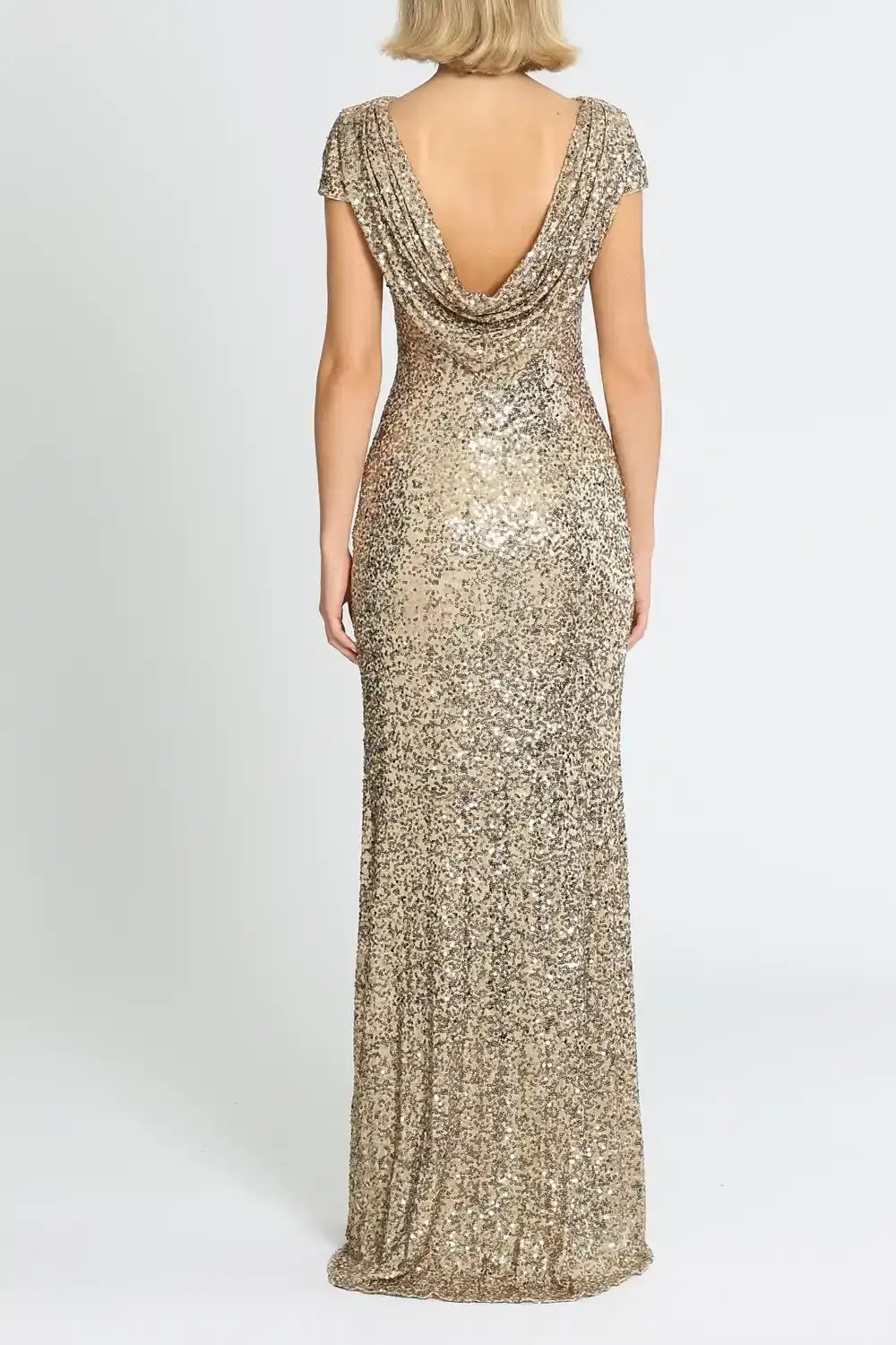 Badgley Mischka Sequin Cowl Back Gown Gold Size 12 photo 3