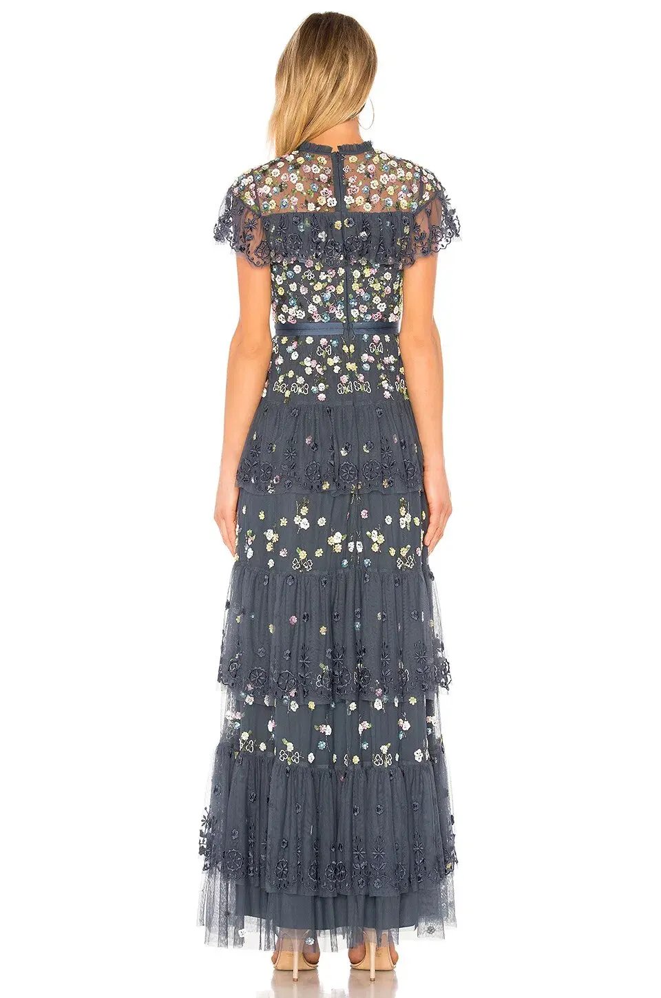 Needle and Thread Tiered Anglais Gown Washed Indigo Beaded Floral Size 8 photo 3