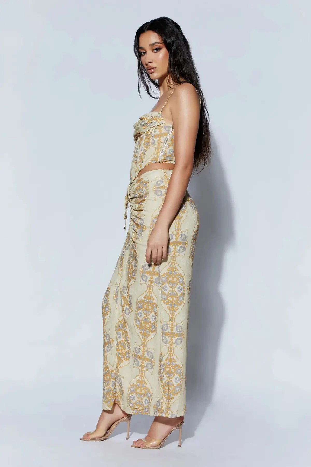 Meshki Cyra Corset Top And Afra Front Ruched Midi Skirt Persian Print Beige Size AU 8 photo 2