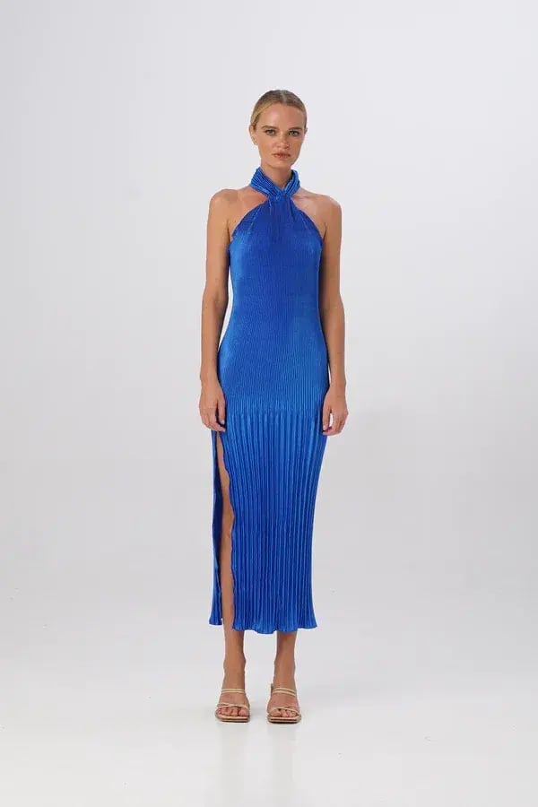 L'Idee The Soirée Pleated Halter Gown MOROCCAN Blue Size 8 photo 2