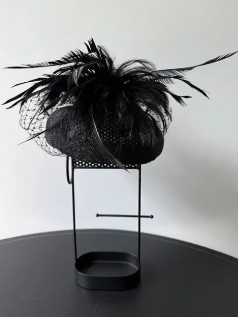 Morgan and Taylor Straw Beret Millinery with Feathers and Veil Black One Size photo 3