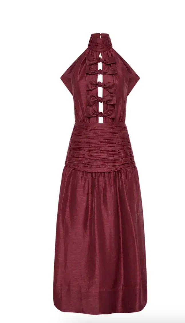 Rebecca Vallance Bordeaux Bow Midi Dress Ox Blood Size 8 photo 4