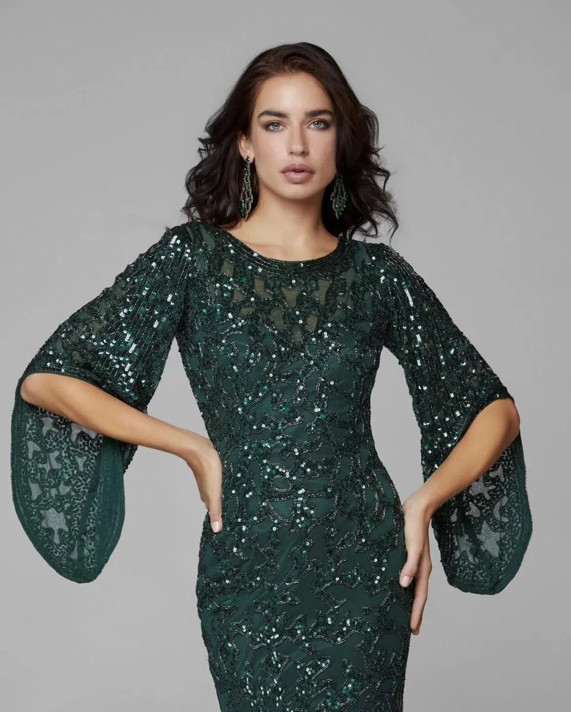 Primavera Couture 9713 Sheer Back Sequin Evening Dress Forest Green Size 12 photo 2