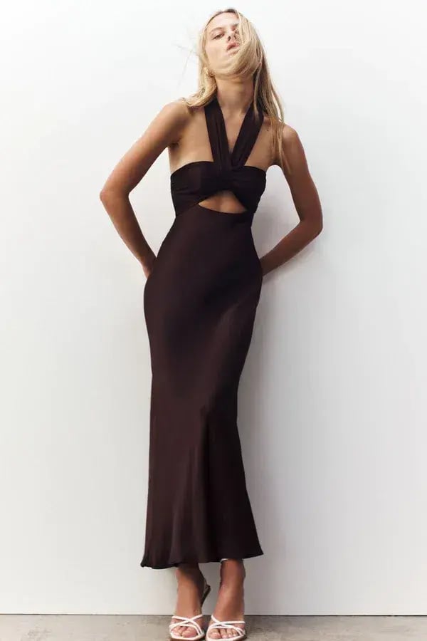 Shona Joy Lana Ruched Halter Midi Dress in Cocoa Size 14 photo 4
