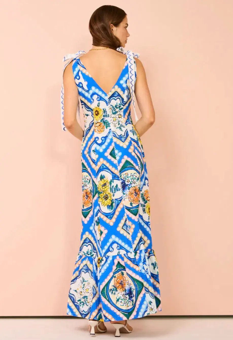 By Nicola Adocia Tie Shoulder Maxi Dress Azure Blue Floral Size 10 photo 3
