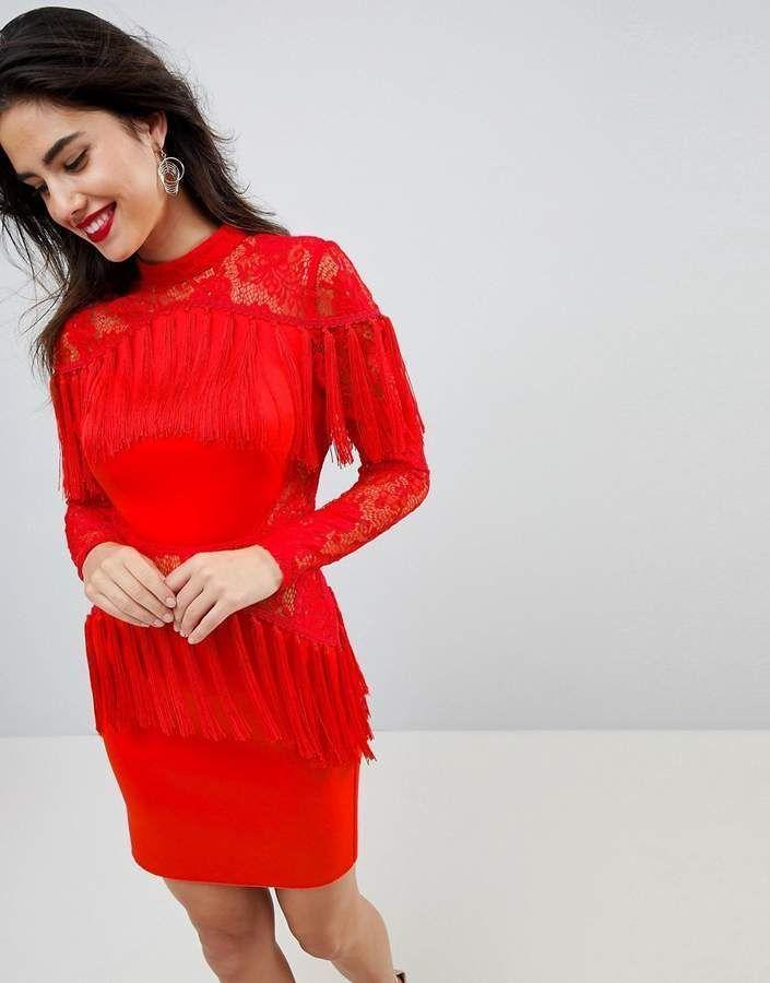 Ultimate Fringe Long Sleeve Lace Red Mini Dress Size 6 photo 2