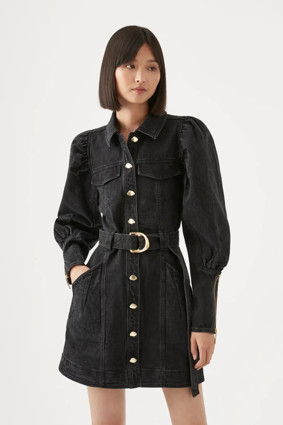 Aje Dione Denim Long Sleeve Mini Dress Black Size 8 photo 2