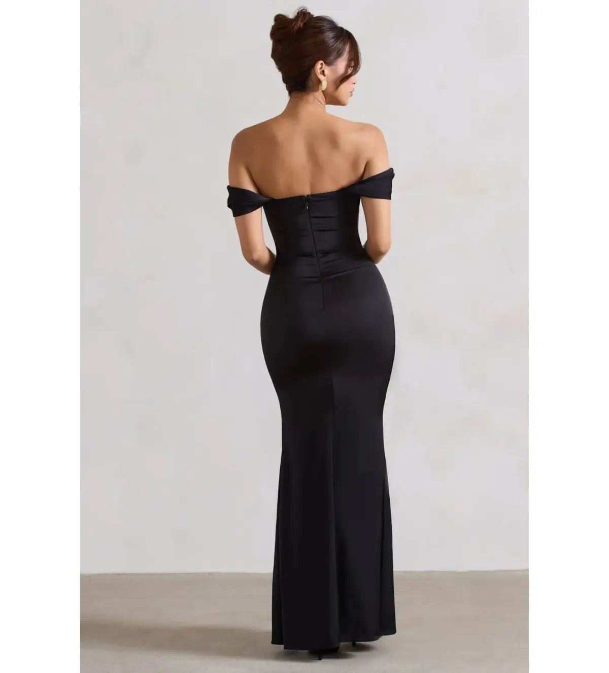 Club L Kimberly Black Bardot Satin Maxi Dress Size 8 photo 3