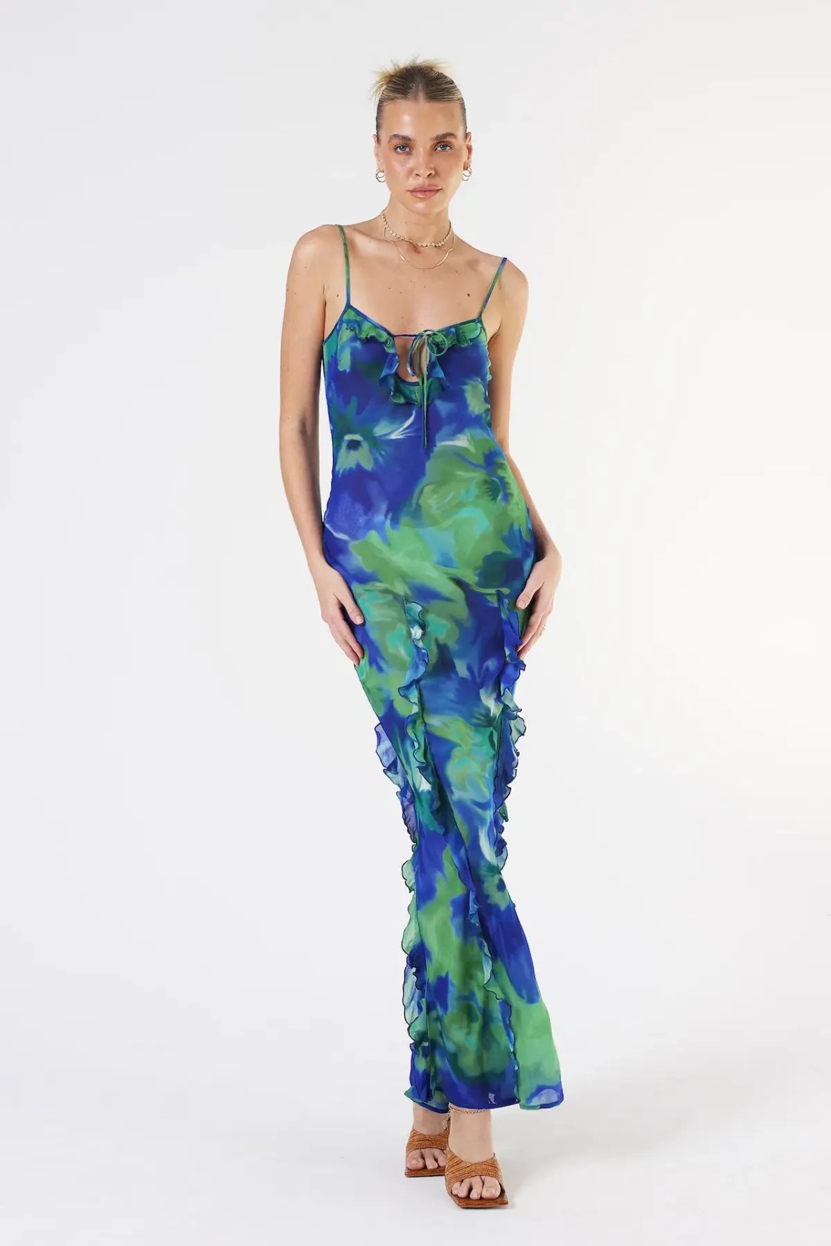 Isabelle Quinn Kyra Ruffle Maxi Dress Pacific Pansie Size 8 photo 3