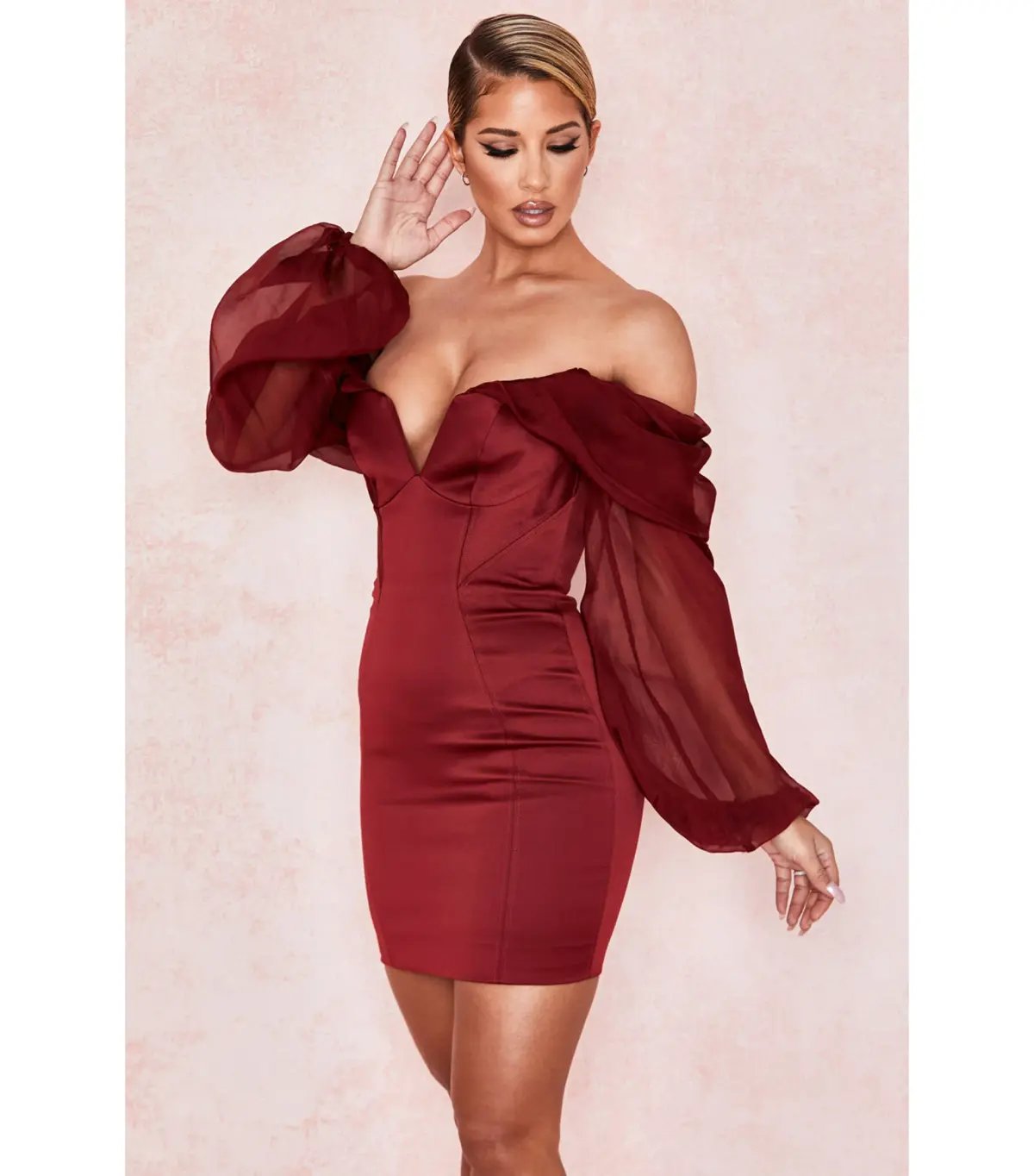 House Of CB Olivia Satin Off Shoulder Dress Wine Size M / AU 10 photo 3