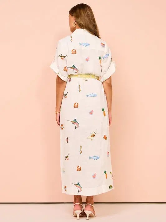 Alemais Blue Marlin Embroidered Dress In Cream Size 12 photo 3