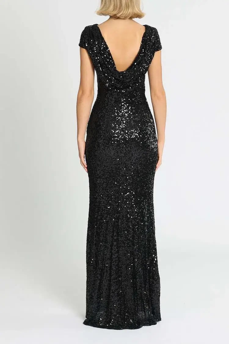Badgley Mischka Sequin Cowl Back Gown Black Size 20 photo 3