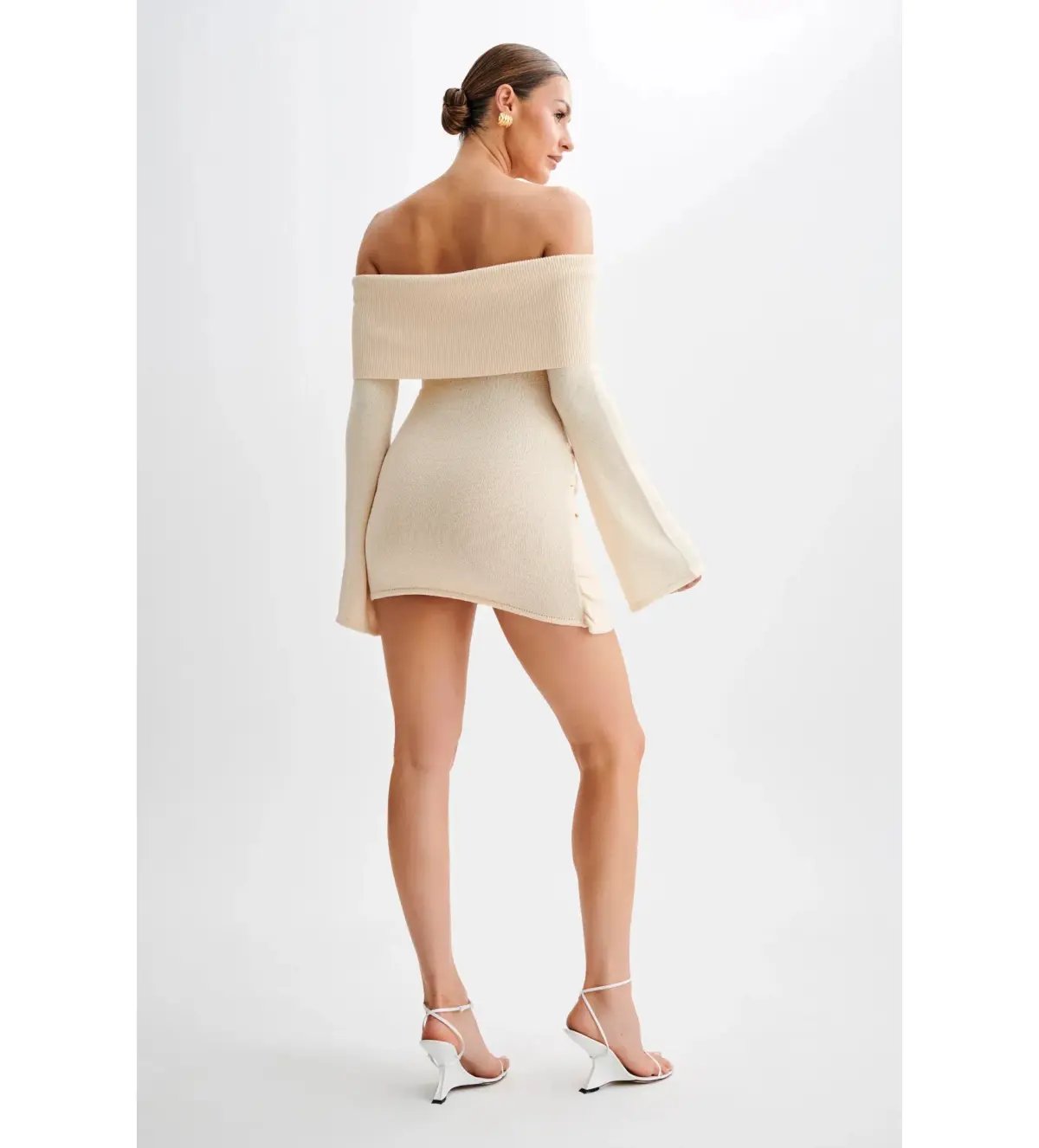 MESHKI Camryn Off Shoulder Tie Knit Mini Dress in Cream Marle Size XS/AU 6 photo 5
