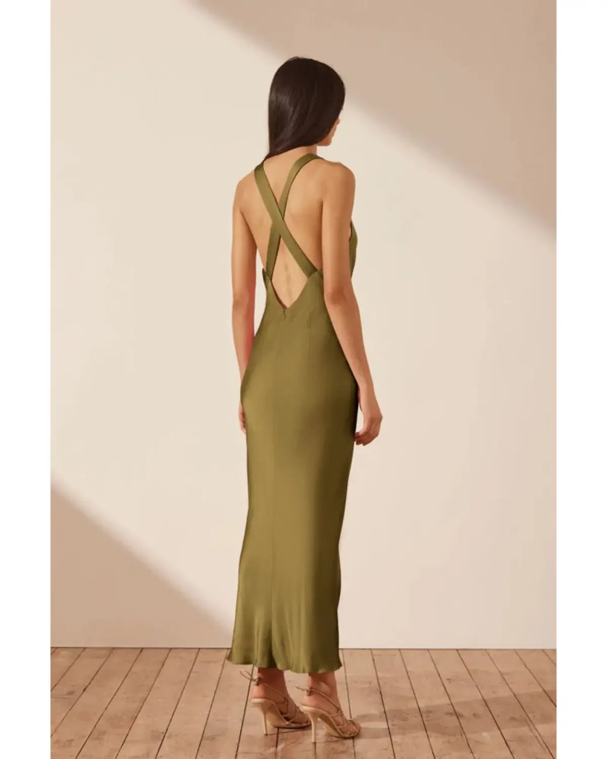Shona Joy Arienzo Plunged Cross Back Midi Dress Green Olive Size AU 10 photo 3