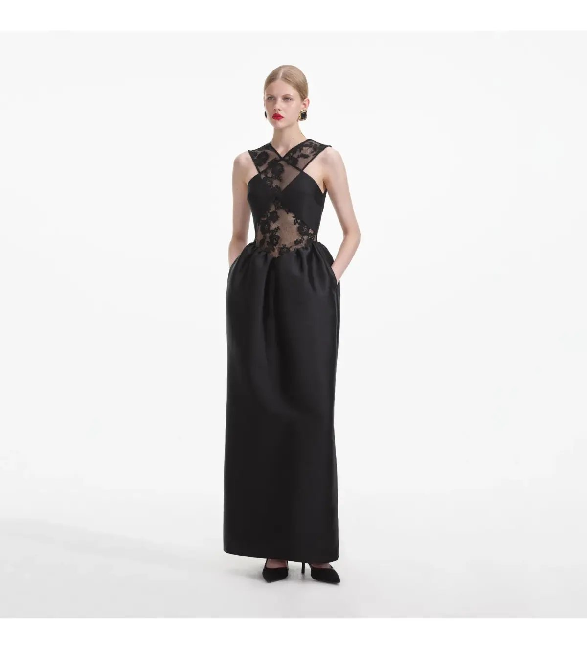 Self Portrait Lace Taffeta Maxi Dress in Black Size 12 photo 2