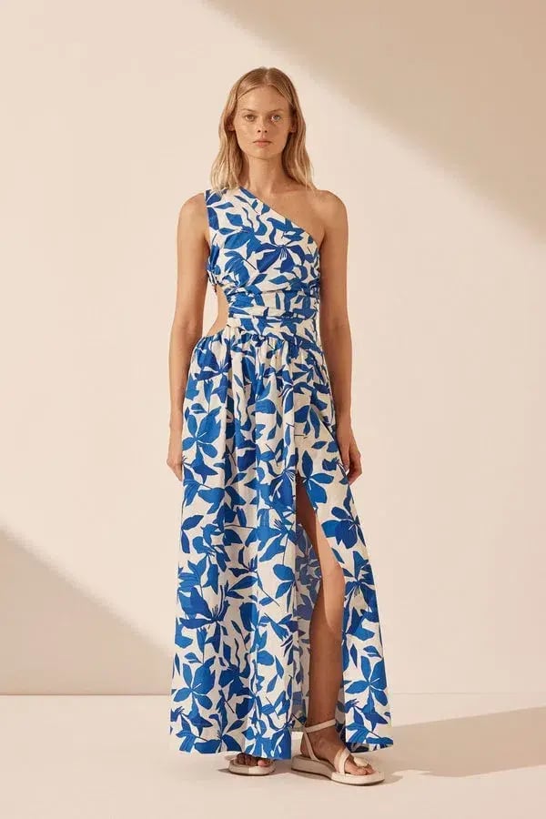 Shona Joy Bleue Asymmetrical Cut Out Maxi Dress Blue Floral Print Size 12 photo 7