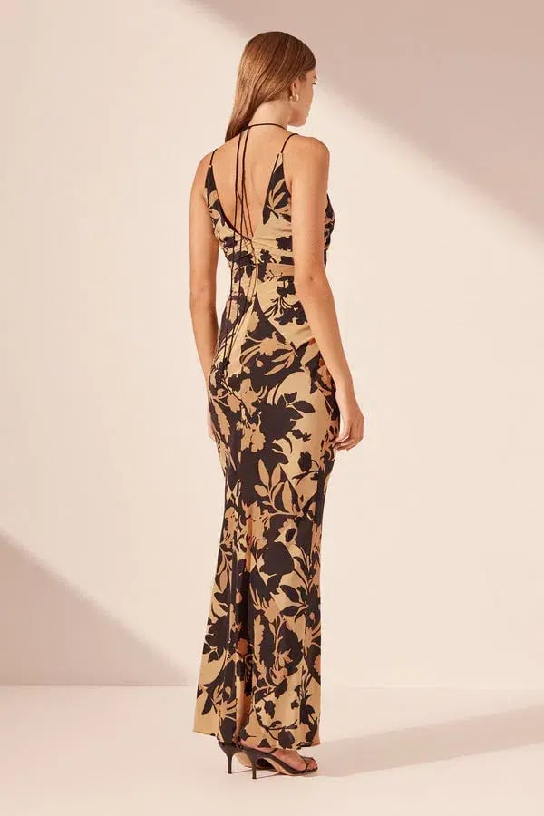 Shona Joy Lai Silk High Neck Ruched Maxi Dress Lai Print Size 8 photo 2