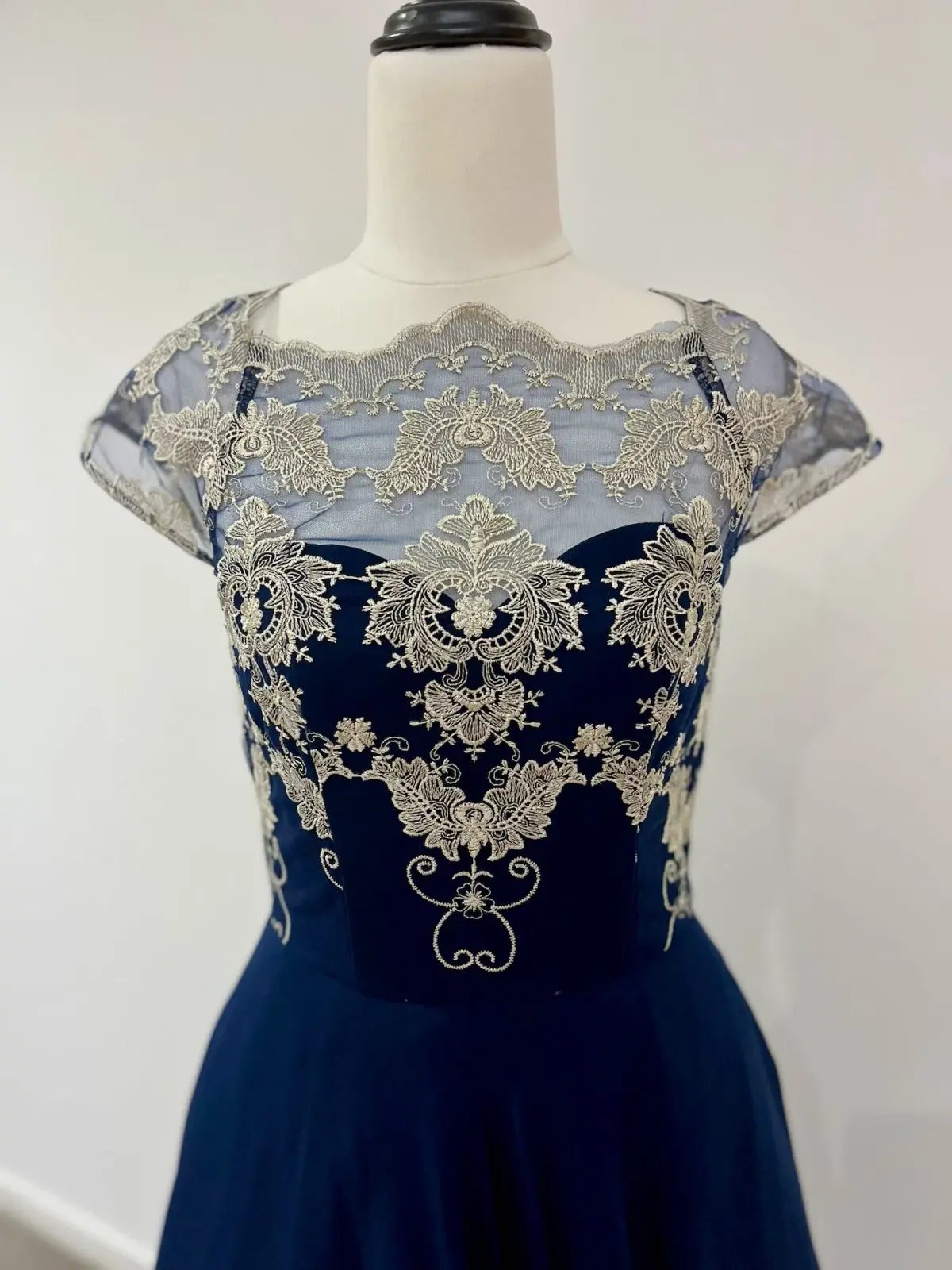 Chi Chi London Chiffon Midi Dress With Embroidery In Navy Size AU 8 photo 2
