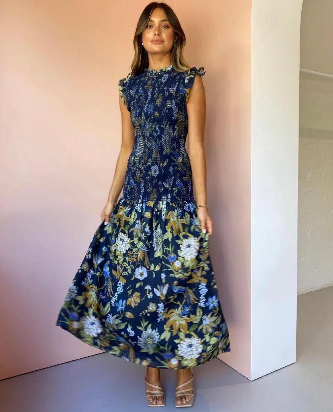 Sir the Label Diana Smocked Midi Dress Print Size 6 photo 2