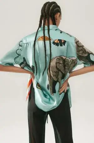 Silk Laundry Short Sleeve Boyfriend Shirt Endangered Species Mist Blue Size AU 6 photo 3