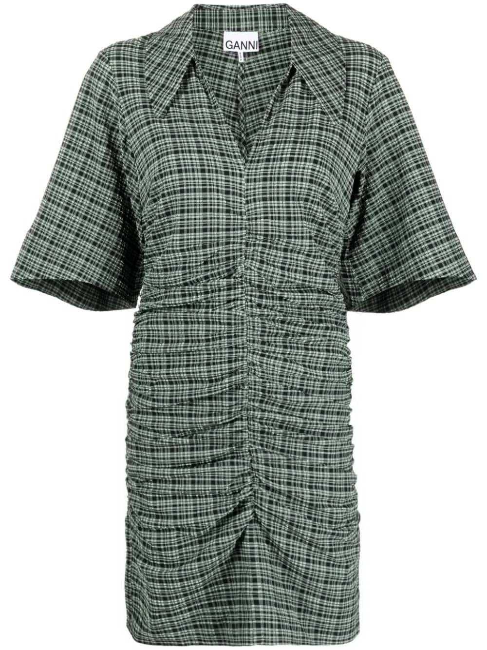 Ganni Seersucker Check Ruched Dress Bay Green Size 14 photo 5