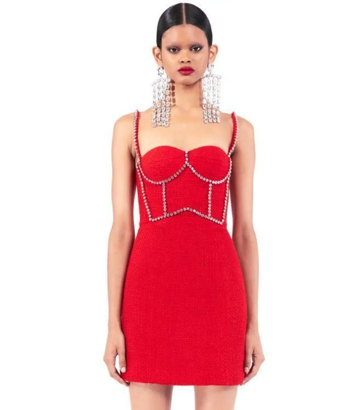 Area NYC Red Embellished Tweed Bustier Dress Red Size AU 6 photo 2