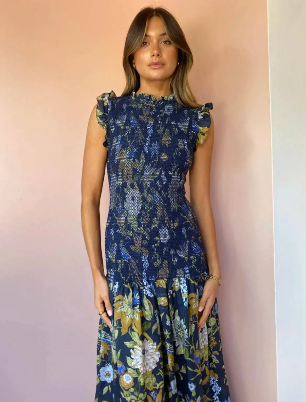 Sir the Label Diana Smocked Midi Dress Print Size 6 photo 5