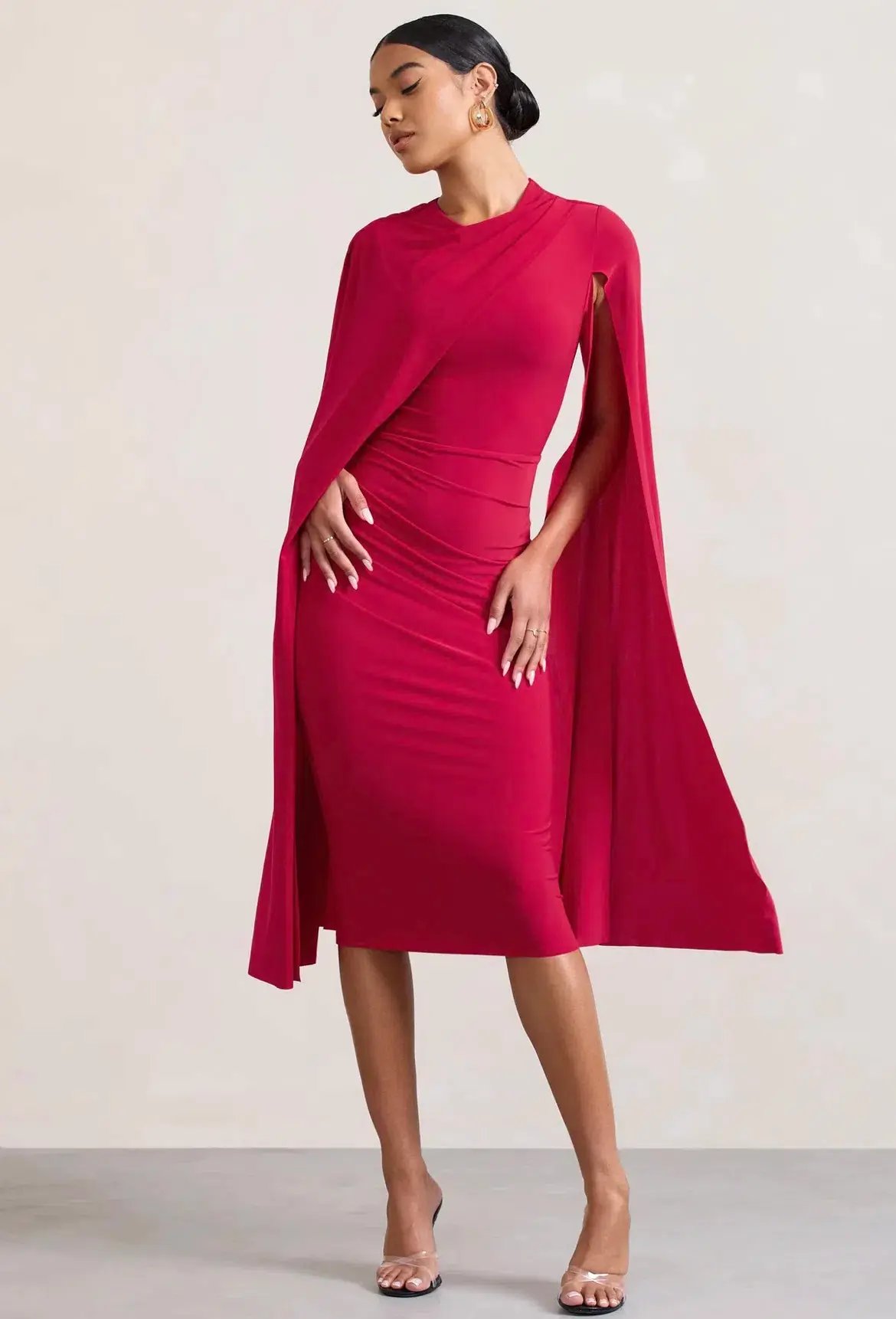 Club L London Marysol Asymmetric Cape Midi Dress Red Size 16 photo 2