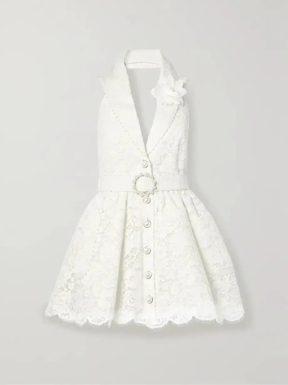 Zimmermann High Tide Belted Embellished Corded Lace Halterneck Mini Dress Ivory Size 0 / Size AU 8 photo 3