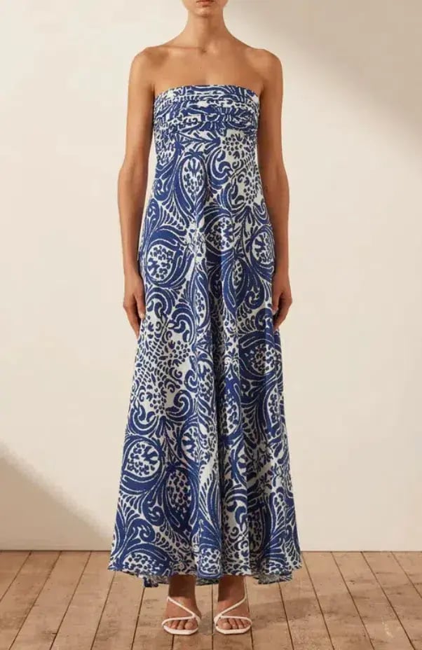 Shona Joy Pombeline Strapless Corded Maxi Dress in Ivory/Blue Print Size 8 photo 4
