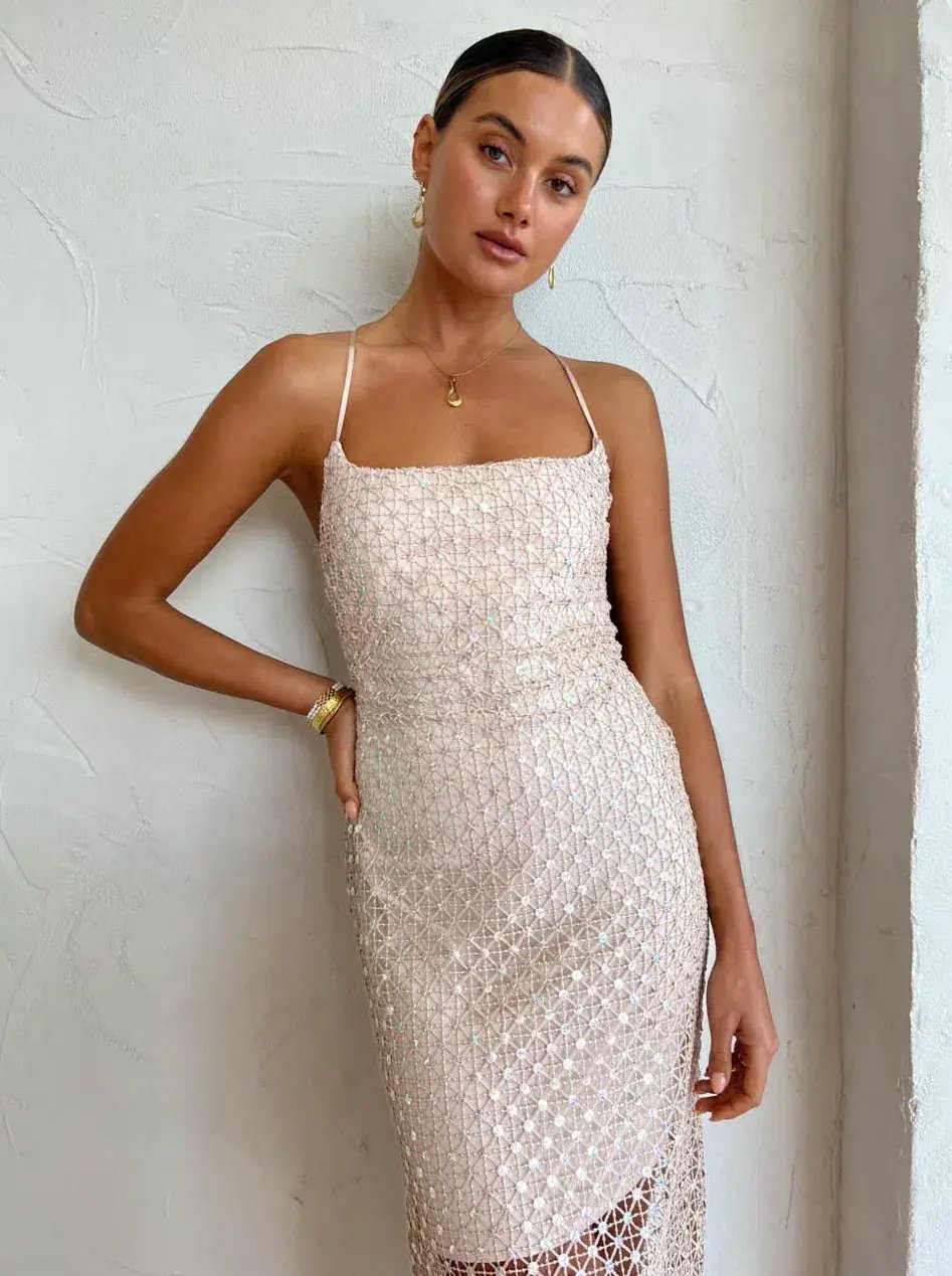 Manning Cartell Crochet Sequins Slip Dress Beige Size AU 8 photo 3