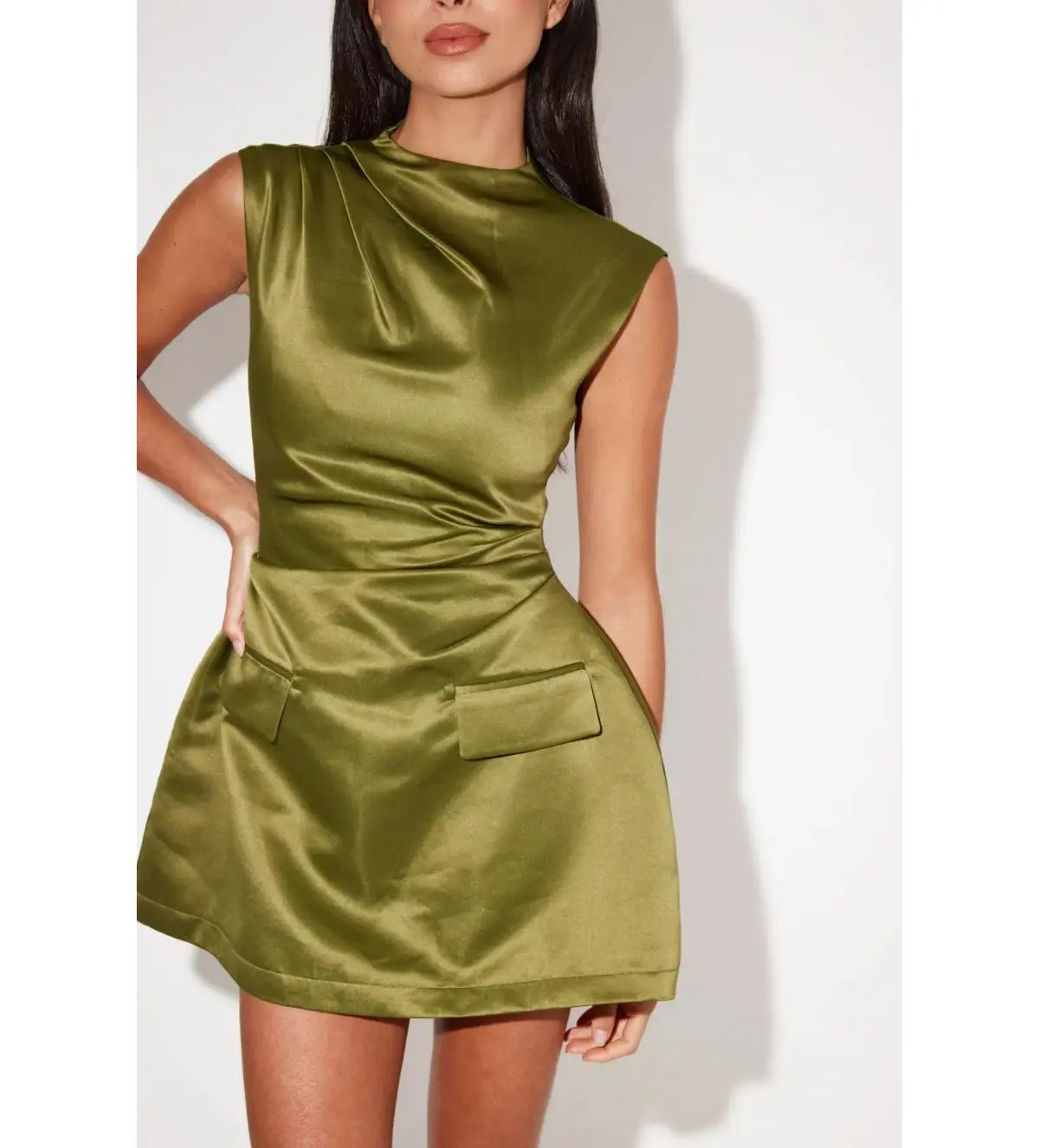 Odd Muse The Ultimate Satin Straight Neck Mini Dress in Olive Size AU 12 photo 3