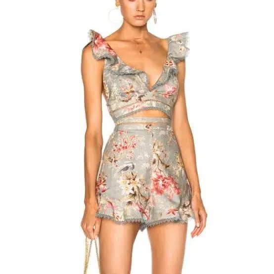 Zimmermann Mercer Flutter Frill Top Size 1/AU 10 and Shorts Size 0/AU 8 Set Blue Floral photo 6