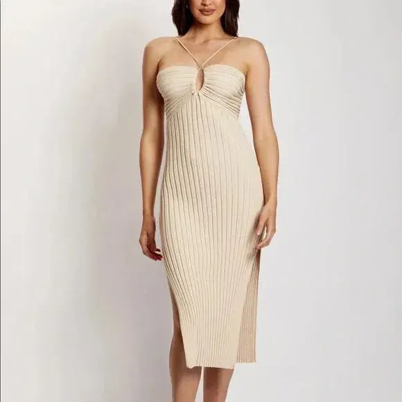 Meshki Lori Ruched Front Knit Midi Dress Champagne Size S photo 4