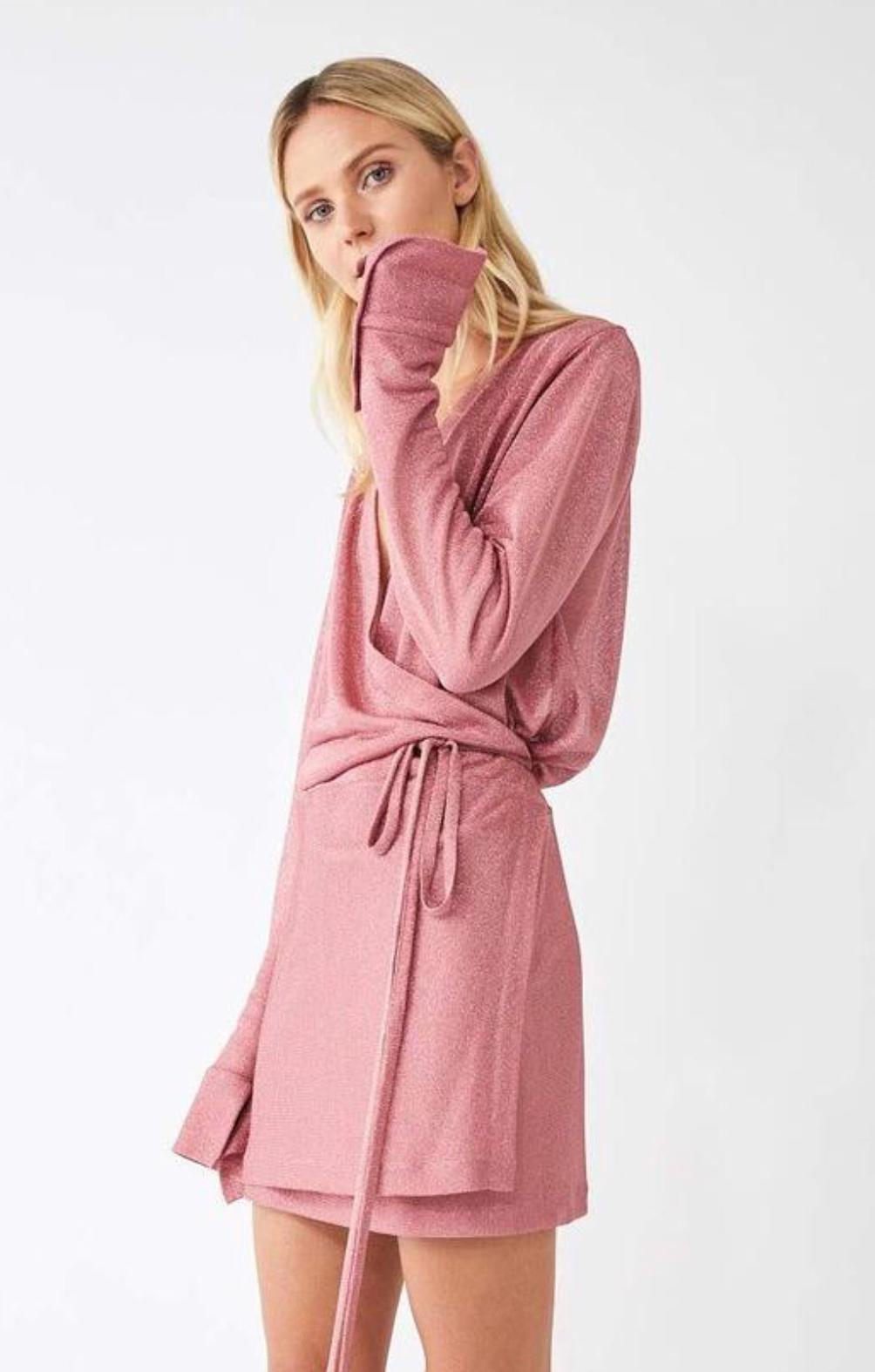 Kacey Devlin Formation Mini Wrap Dress Metallic Pink Size 10 photo 2