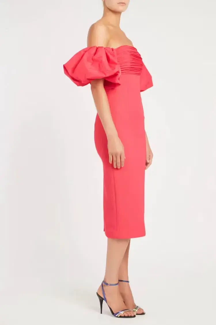 REBECCA VALLANCE CAITLIN OFF THE SHOULDER MIDI DRESS CORAL PINK SIZE 8 photo 2