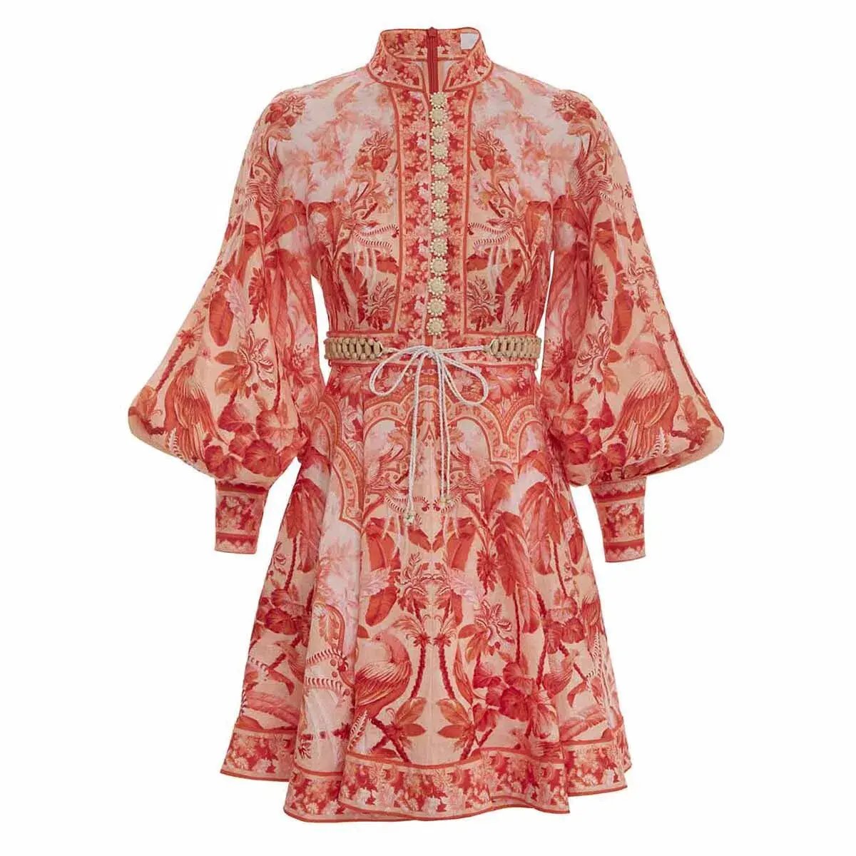 Zimmermann Lyre Billow Sleeve Mini Dress Red Palm Print Size 0/Au 8 photo 4