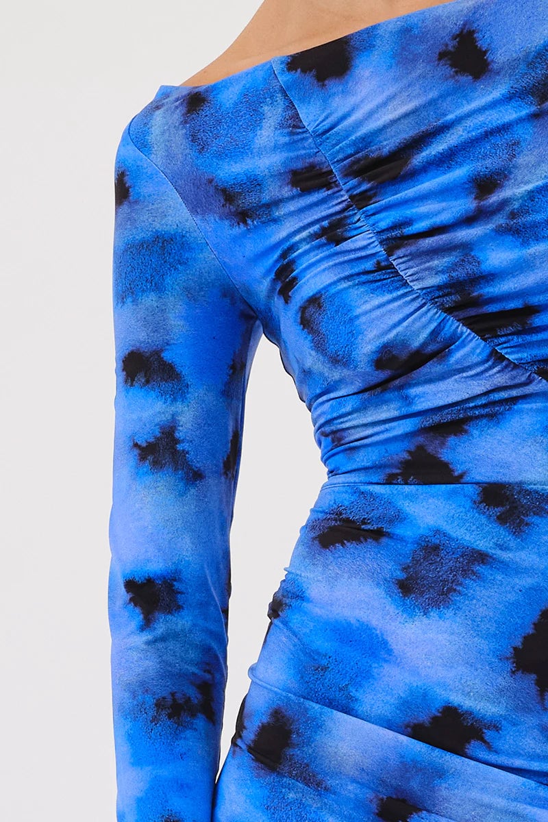 SUBOO SHIBORI LONG SLEEVE ROUCHED DRESS - BLUE PRINT photo 3